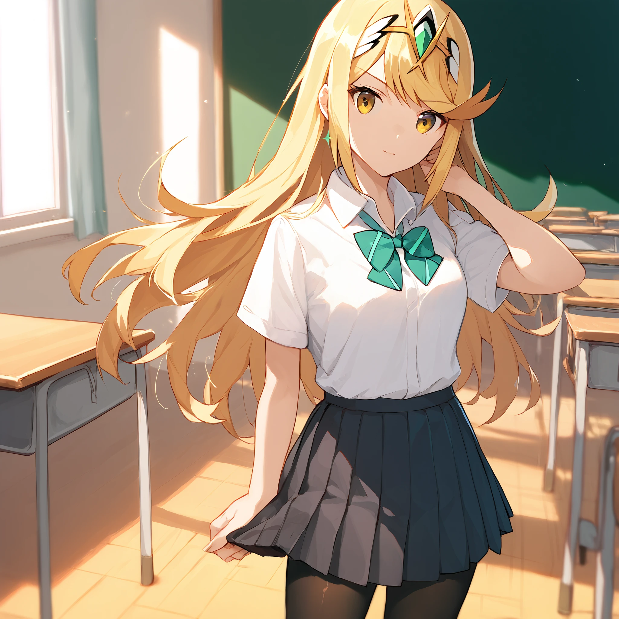 score_9, score_8_up, score_7_up, score_6_up, score_5_up, score_4_up, BREAK source_anime, look at viewer, rating_safe, 1girl, solo, masterpiece, best quality,  mythracs, blonde hair, yellow eyes, long hair, tiara,  school uniform, collared shirt, white shirt, pleated skirt, black pantyhose, short sleeves, classroom, indoors,