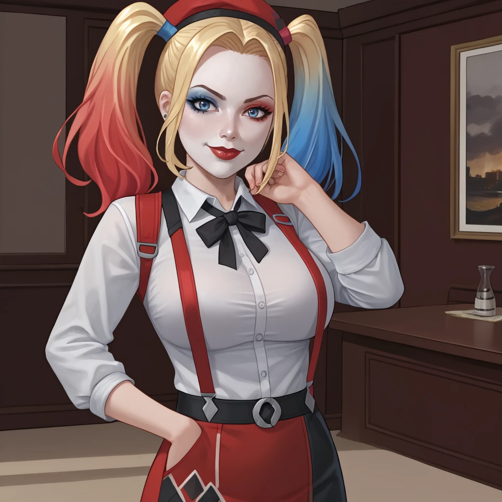 <lora:harleyquinndcuo_pony_v1:.75> HarleyQuinnDCUO, 1girl,solo,  twintails, blonde hair, multicolored hair, blue eyes, makeup, blue hair,  pale skin, large  breasts, two-tone hair, cowboy shot <lora:0902 Home wear 5_v1_pony:1> ruanyi0902,beret,black ribbon,collared shirt,black pantyhose,high-waist skirt,white shirt,suspenders