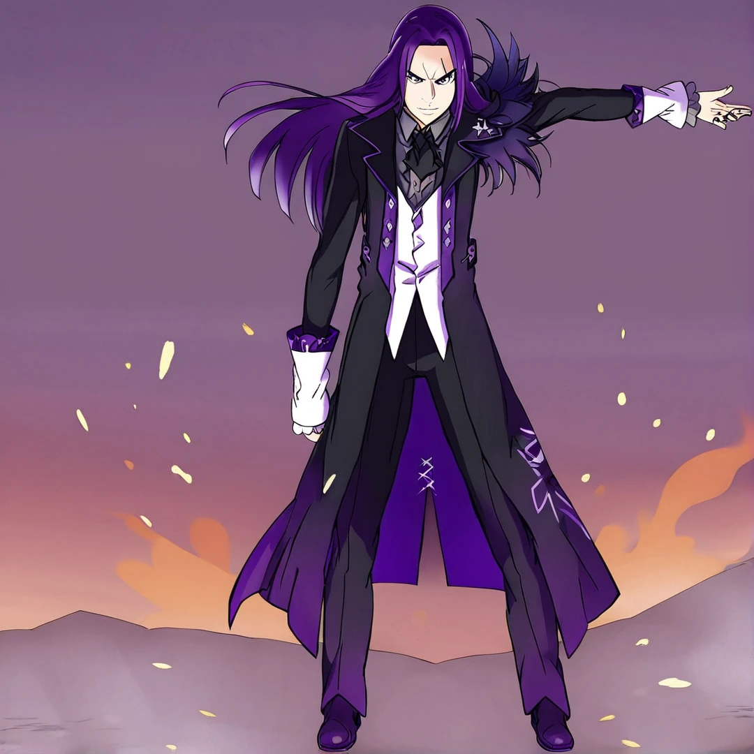 <lora:StrideVollachia:1>, stride, thirty years of age, his features, were uncommonly sharp and noble, has long, rich deep-purple hair, that had a silky look to it, and reached past his shoulders, wears black trousers, black shoes, a light grey shirt, a black cravat, a white waistcoat over the shirt, and a black long coat over the waistcoat, that had notched lapels and rolled cuffs, purple lining, on his left shoulder, has many large feathers with purple tips, on each of his ten fingers, are ring curse tools, full body, standing in a war zone, is fighting, high in the sky, surrounded with flames