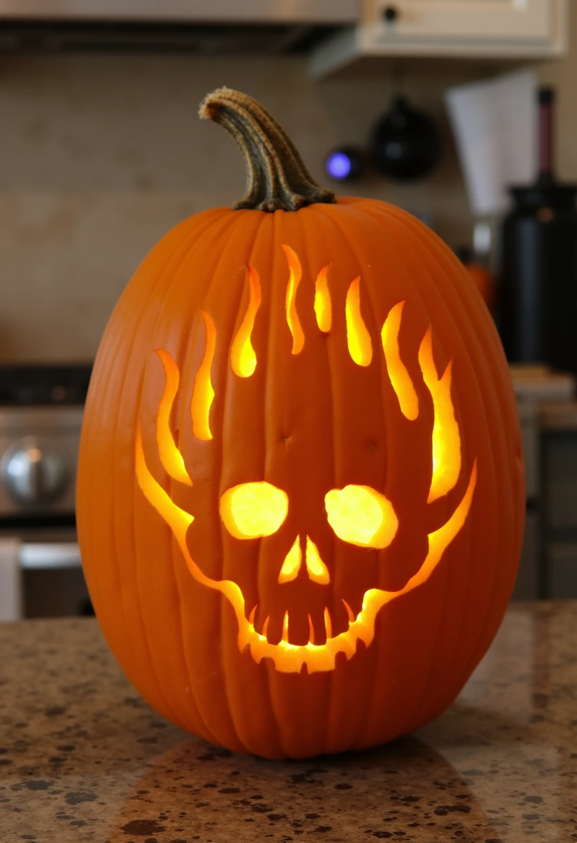 This is a photo of a carved pumpkin sitting on a kitchen counter. The carving is a skull with flames behind it