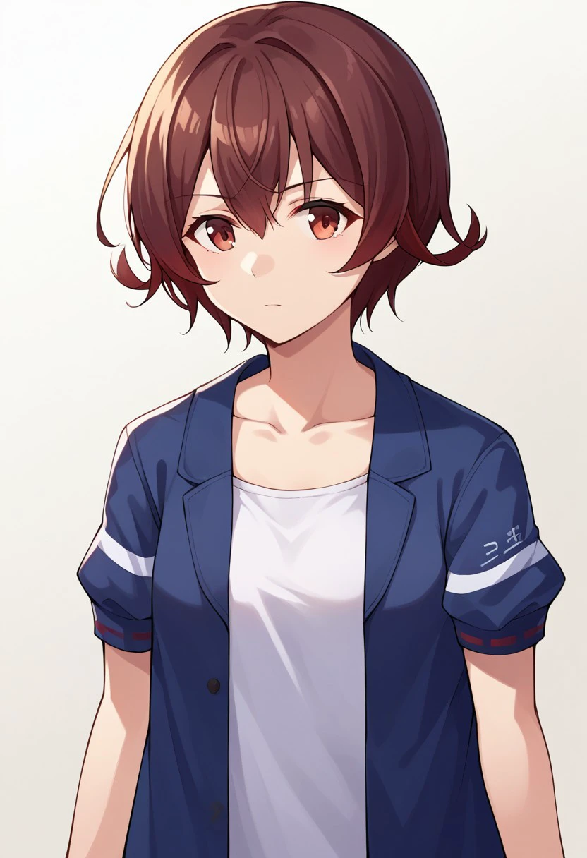 score_9, score_8, score_7, source_anime, mutsuki (kancolle), cowboy shot, blue jacket, shirt, small breasts, short sleeves, collarbone, upper body, standing