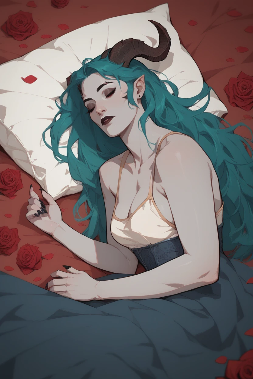 score_9, score_8_up, score_7_up, score_6_up
<lora:VVGirl:0.8>
VVGirl, demon horns, red eyes, long hair, aqua hair, gray skin, sleeping in a bed, rose petals, Romanian house