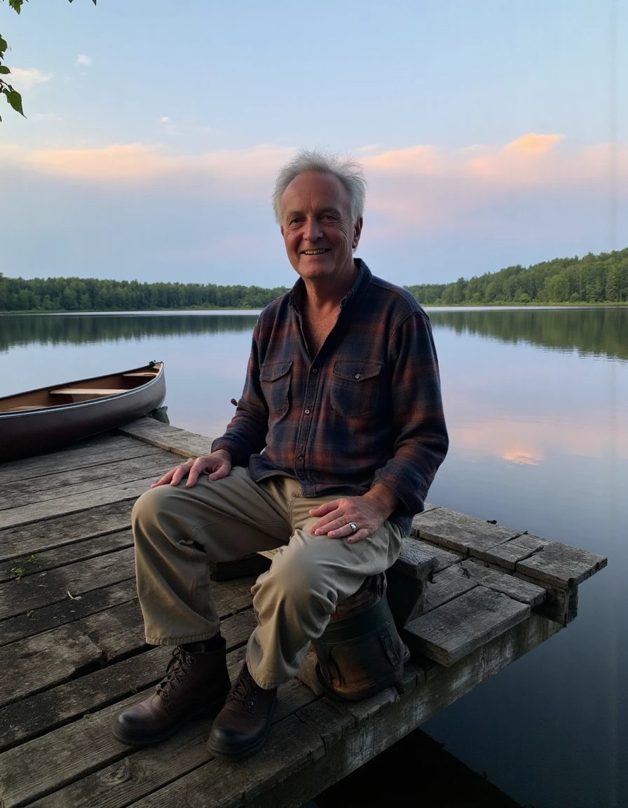 A socmed photo of a middle-aged man with salt-and-pepper hair, sitting on the edge of a wooden dock by a calm lake at dusk. He wears a worn plaid flannel shirt, khaki pants, and hiking boots, his posture relaxed as he dangles his feet just above the water. His face shows a peaceful, contented smile as he gazes across the lake, where a few distant trees are silhouetted against the fading light of the evening sky. The light is soft, with hues of pink and purple reflecting off the still water. A small canoe is tied to the dock beside him, and the scene is quiet, with only the faint rustle of leaves in the gentle breeze. The overall mood is serene and reflective, capturing a moment of solitude and tranquility.