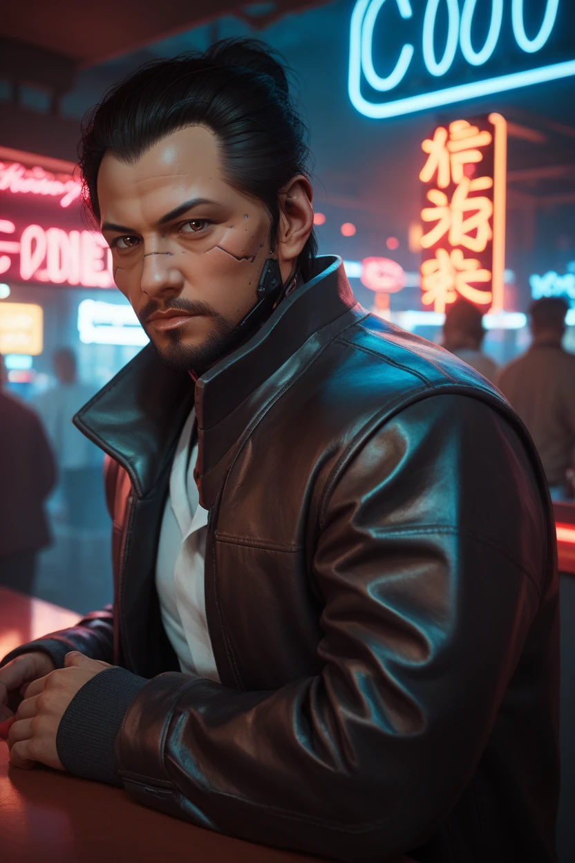 score_9, score_8_up, score_7_up, score_6_up
<lora:CyberGoroTakamura:0.8>
CyberGoroTakamura, 1boy, black hair, brown eyes, looking at viewer, at an old-fashioned diner, leaning against the counter, wearing a leather jacket, neon lights reflecting on his face, retro vibe, cool and confident expression