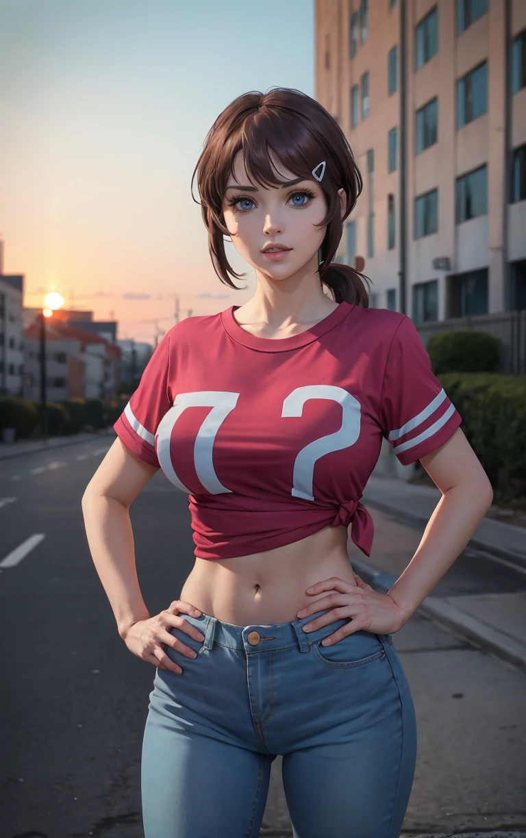 (masterpiece, best quality:1.4), insaneres, absurdres, solo, looking at viewer, BREAK 
PinkTshirt_MegumiSaito_ownwaifu, 
1girl, brown hair, navel, hair ornament, midriff, tied shirt, hairclip, large breasts, denim, groin, jeans, short hair, short sleeves, pants, ponytail, blue eyes, t-shirt, collarbone, print_shirt, clothes_writing,
(contrapposto, hand on hip), sunset, sidelighting, outdoors, <lora:ANIME_HighRiseInvasion_MegumiSaito_ownwaifu:1> , depth of field 
,