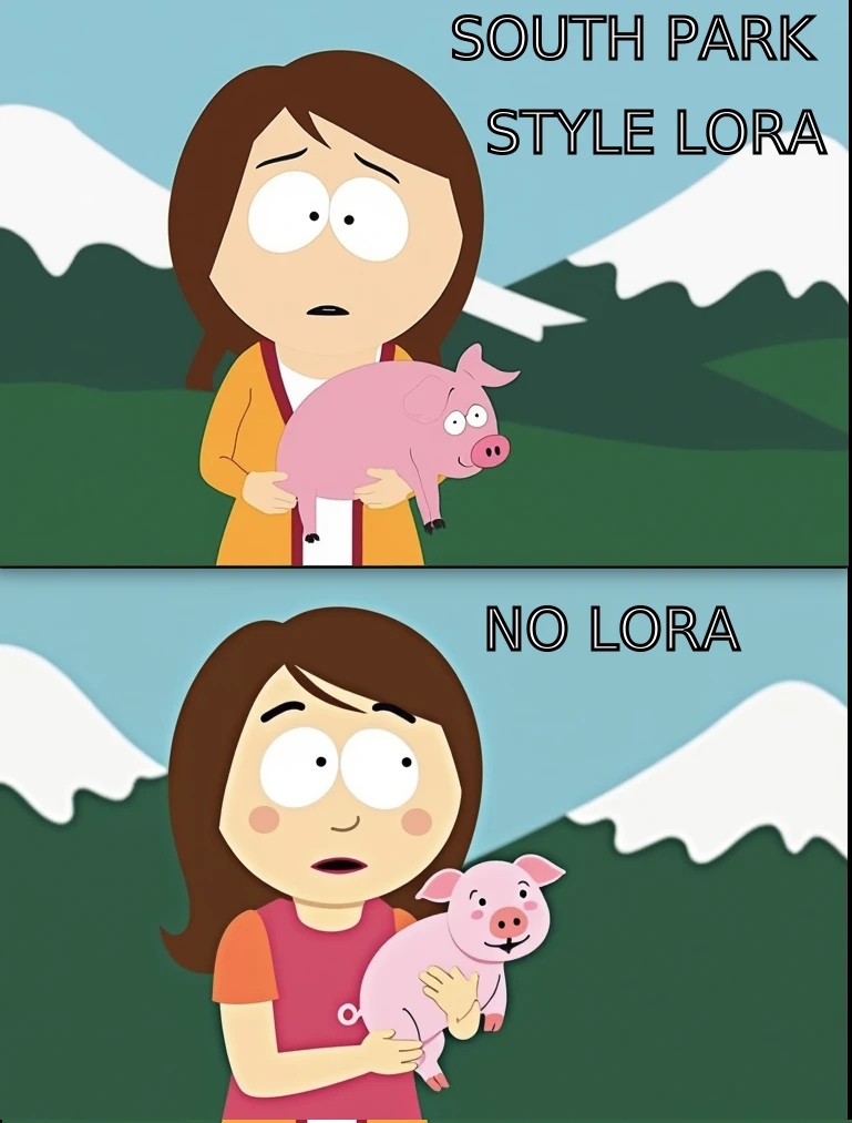 an image in the style of the tv show south park of a woman holding a small pig