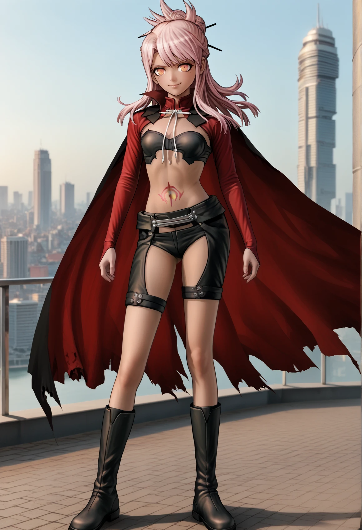 1girl, dark skin, pink hair, orange eyes, medium hair, single hair bun, topknot, stomach tattoo, long sleeves, red long sleeves, red cape, waist cape, chaps, side-tie panties, boots, standing, outdoors, city, evil smile, half-closed eyes, close-up, cyberpunk <lora:Kuro_XL:0.8> 3d <lora:danganronpa:1> upper body, score_9, score_8_up, score_7_up, score_6_up, score_5_up, score_4_up, BREAK source_anime, masterpiece