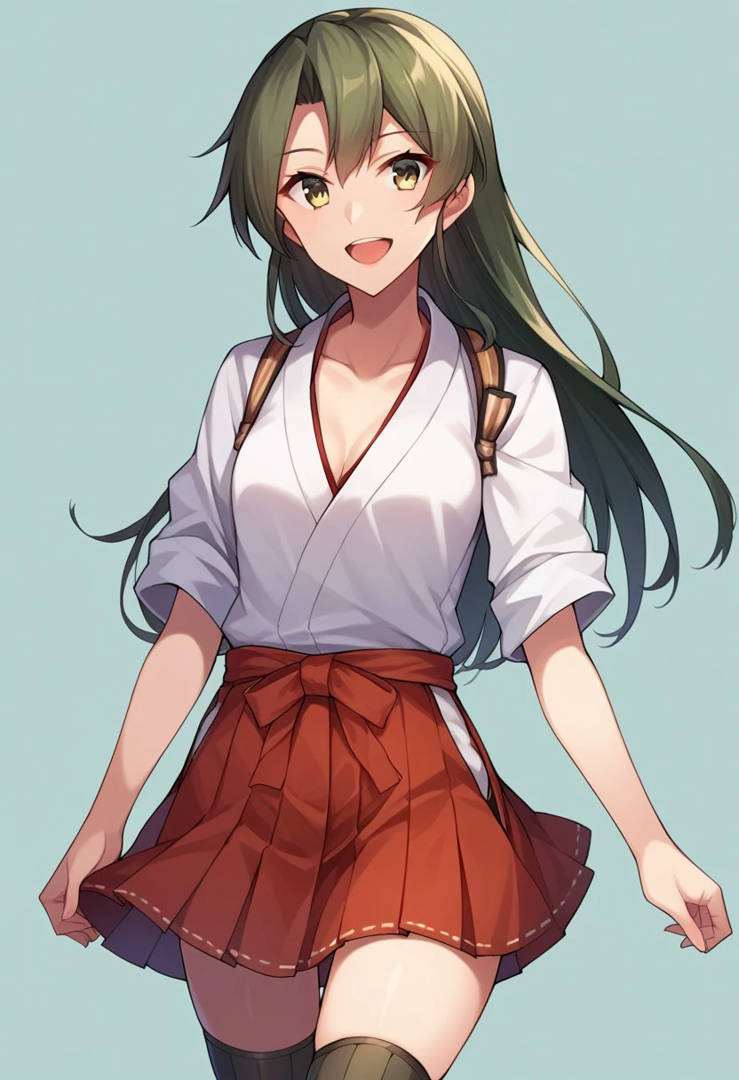 score_9, score_8, score_7, source_anime, zuikaku (kancolle), hakama skirt, cowboy shot, hakama short skirt, open mouth, muneate, thighhighs, collarbone, small breasts, smile