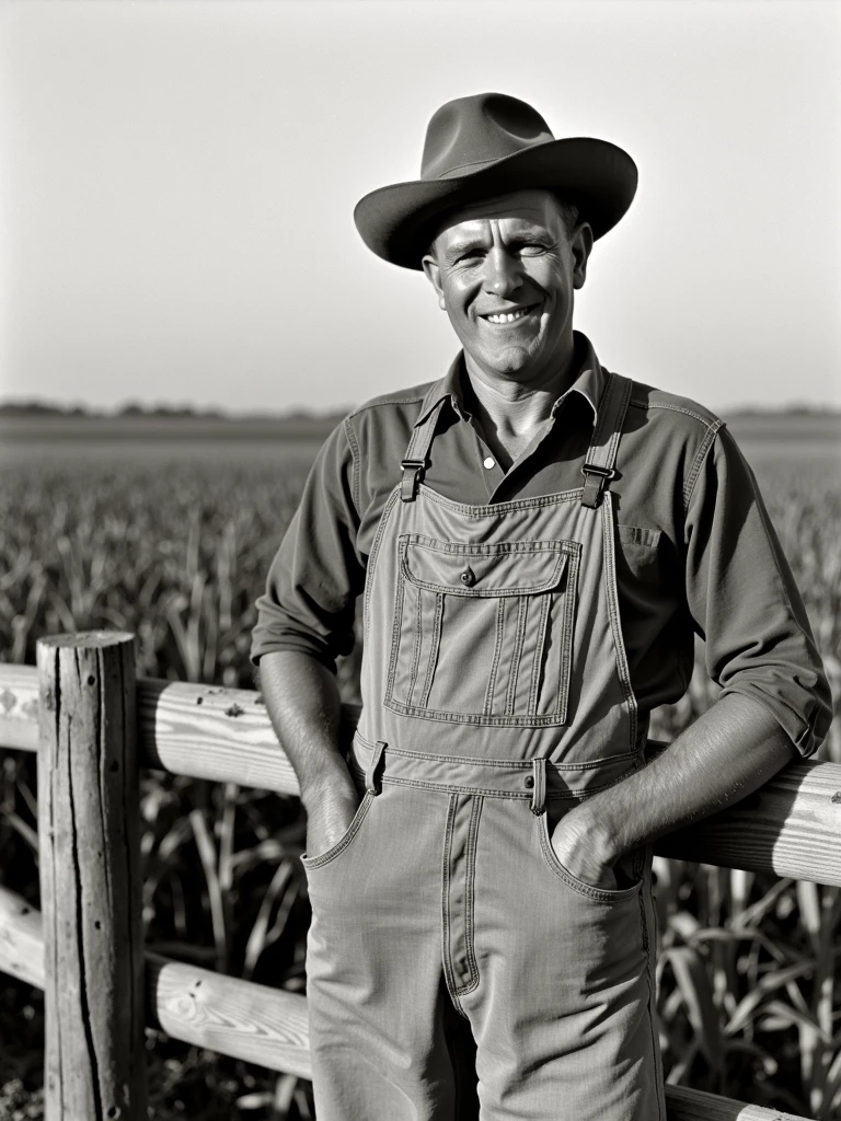 in the style of depression era, portrait of a farmer in overalls, leaning against a wooden fence, with fields of corn in the background.  Photo circa winter 1937, Michigan museum of journalism archival photography