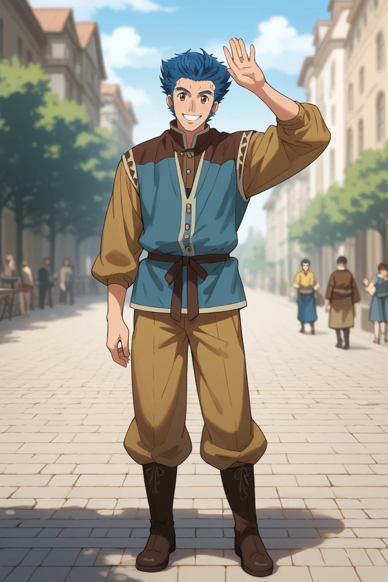 score_9, score_8_up, score_7_up, source_anime, rating_safe, day, natural lighting, male focus, standing, full body, waving, GuntherABW, blue_Gunther_short hair, brown_Gunther eyes, brown-blue_Gunther_vest, brown_Gunther_cloth-belt, brownish yellow_Gunther_long sleeves, yellow-blue_Gunther_pants, brown_Gunter_boots, smiling, happy, 1boy, intricately detailed illustration, blurry outdoors, depth of field, atmospheric perspective