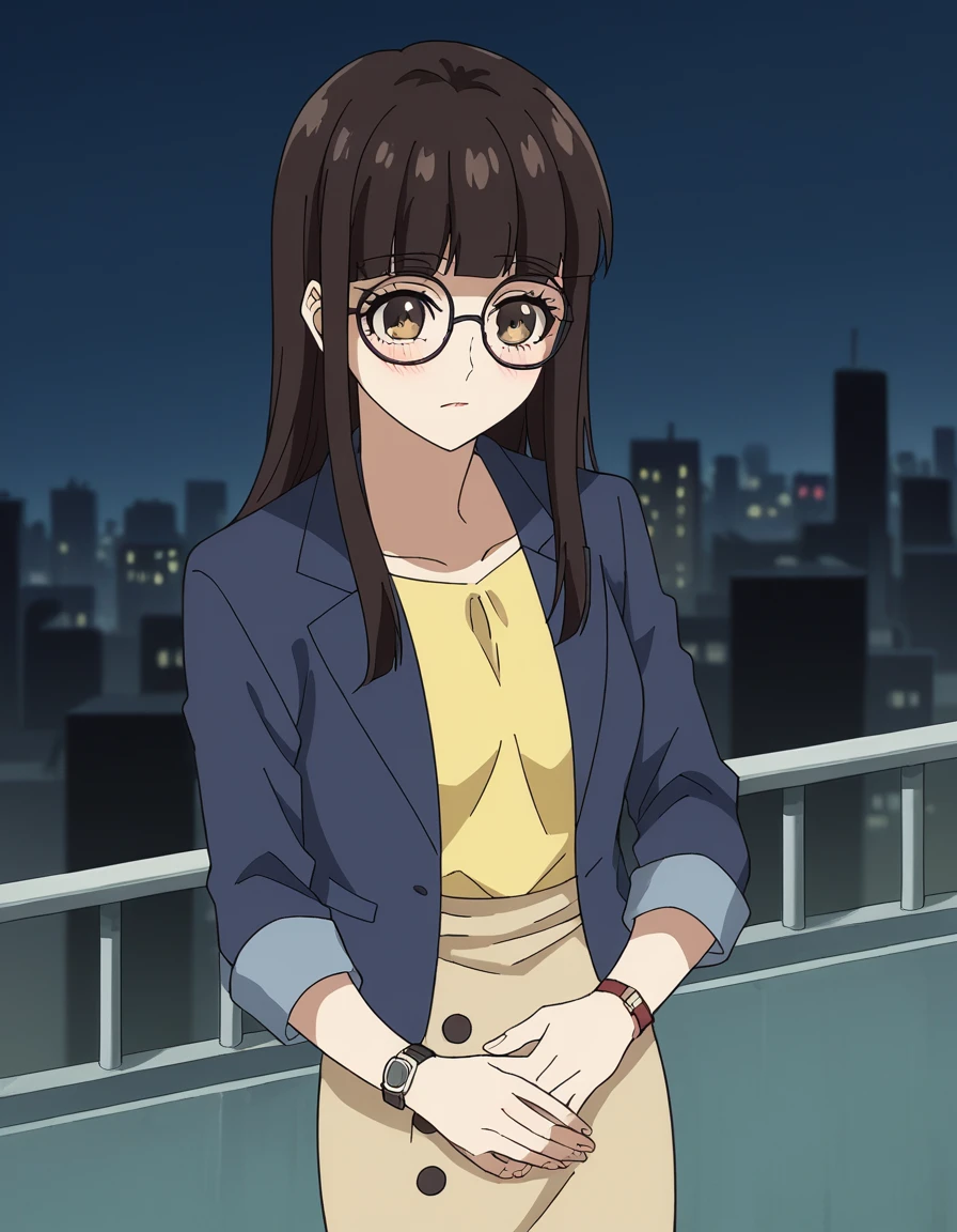 score_9, score_8_up, score_7_up, source_anime, <lora:mayu-uchida-s1-ponyxl-lora-nochekaiser:1>, mayu uchida, long hair, bangs, brown hair, black hair, brown eyes, sidelocks, blunt bangs, glasses, medium breasts,, skirt, shirt, jacket, blue jacket, yellow shirt, wristwatch, skirt, pencil skirt,, city skyline, rooftop view, night time, city lights, quiet reflection, , , hands on stomach, blush,, solo,, cowboy shot, dutch angle