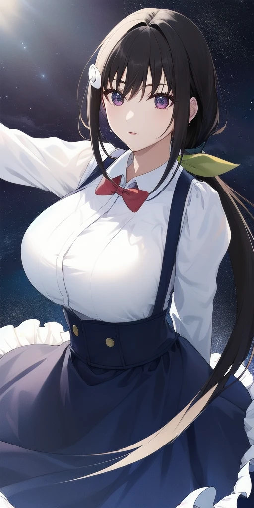 <lora:mayoi_hachikujiV2:0.7> mayoi_hachikuji_low_ponytail, huge_breasts, standing, solo, arms_behind_back, starry_sky,  white_shirt_blue_suspender_skirt_juliet_sleeves_frills_red_bowtie, green_hair_ribbon, hairclip, masterpiece, best_quality, detailed_face, detailed_eyes, highres, beautiful, detailed, absurdres,