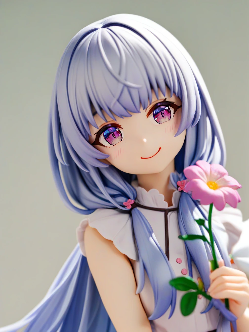 1girl,cute,purple eyes,silver hair,blue hair,
low twintails,looking at viewer,long hair,
holding flower,head tilt,smile,
white background,
close up,upper body,
<lora:ag31-pvc_1-000036:1>,
