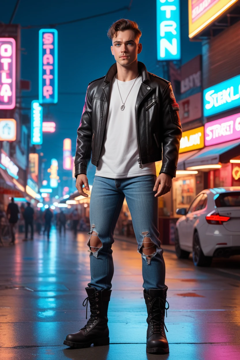 score_9, score_8_up, score_7_up, score_6_up
<lora:STBilly:0.8>
STBilly, solo, 1boy, brown hair, blue eyes, Black leather jacket, white T-shirt, ripped jeans, and combat boots, Bustling cyberpunk street market, neon lights, vibrant and chaotic