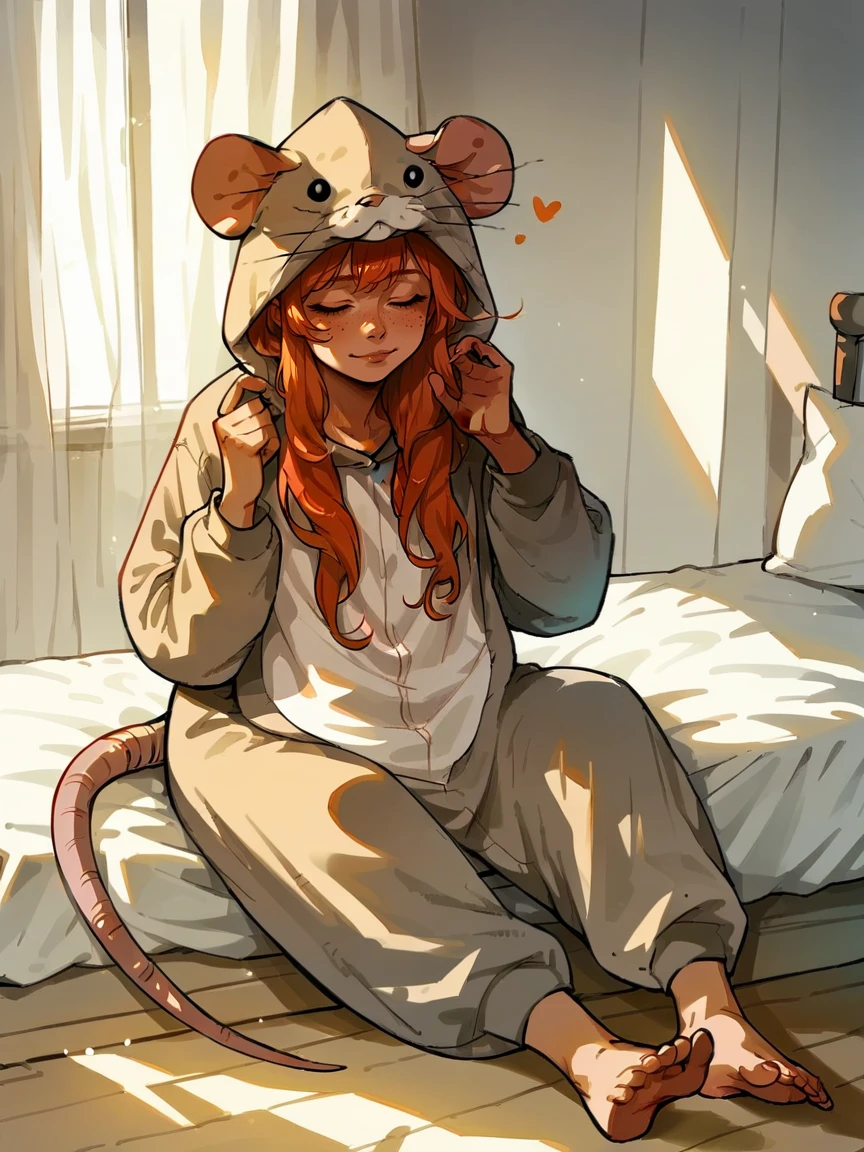 score_9, score_8_up, score_7_up, score_6_up, score_5_up,  <lora:ratonsieXLP3:1> rat onsie, barefoot, animal costume, tail, 1girl, ginger hair, sitting, heart, bedroom <lora:dappledlightXLP:1> dappled light, dappled sunlight