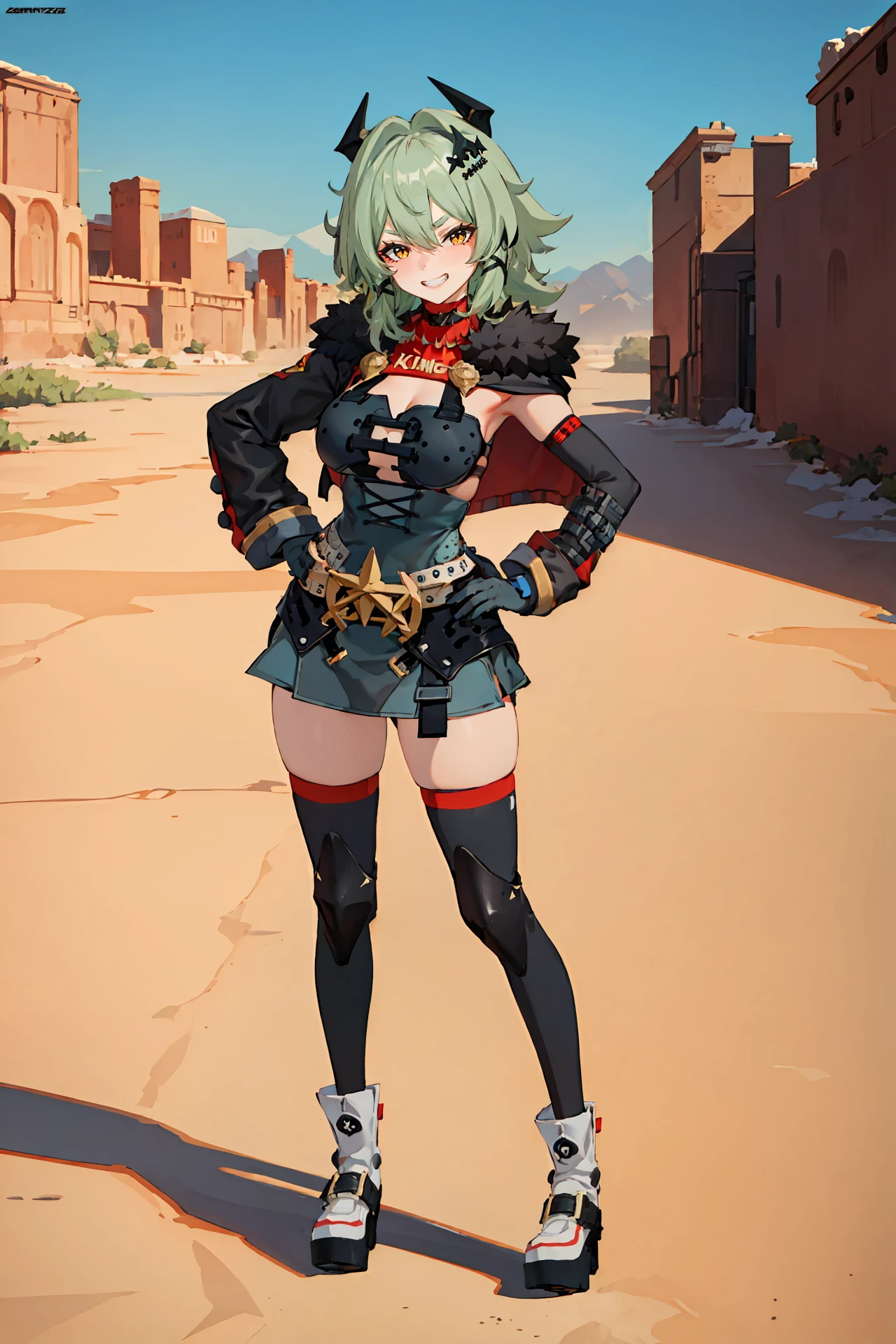 1girl, caesar king \(zenless zone zero\), horns, x hair ornament, hairclip, turtleneck sweater, mechanical arms, pencil dress, fur-trimmed jacket, arm out of sleeveknee pads, ankle boots, full body, standing, grin, v-shaped eyebrows, looking at viewer, hand on hip, outdoors, desert