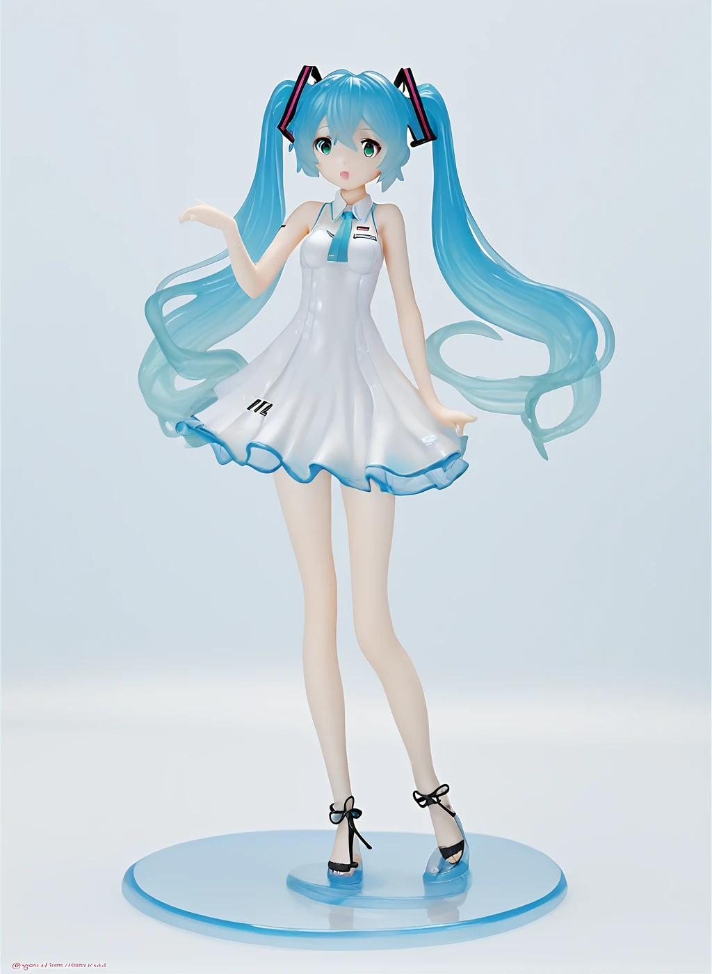 <lora:Gock_so_PVC-000019:1>  (pvc:1.3), 1girl ,solo,  standing , figure base , figure base transparent blue , miku , white dress , standing , twintail , blue hair , transparent pvc blue hair