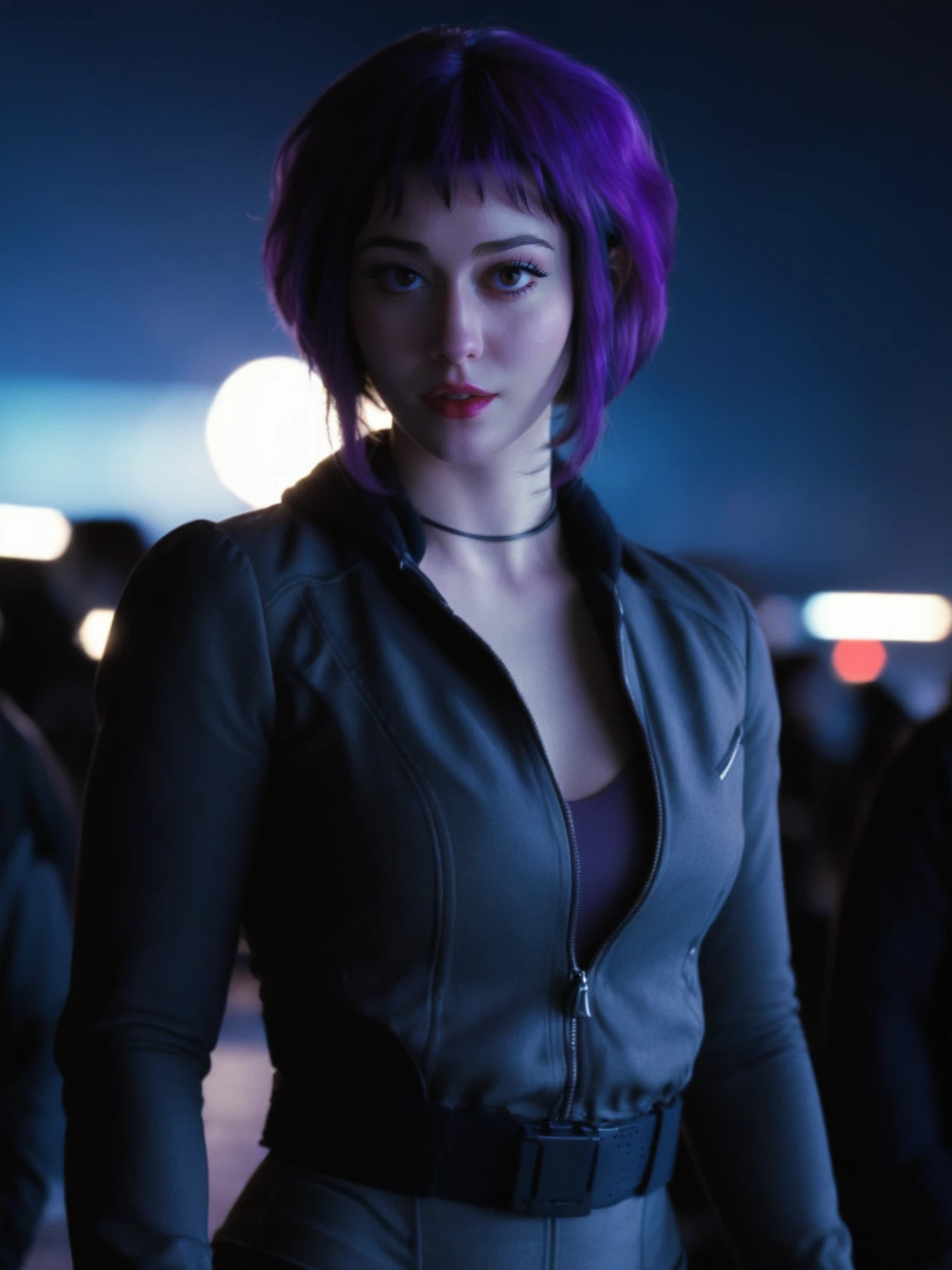 film,cinematic,cinematic lighting ,noir
<lora:melwinstead_v2_everclear:1> ramflaw woman, rmflwwmn hair, purple hair, jacket, gray clothes, BREAK 
dynamic pose,standing