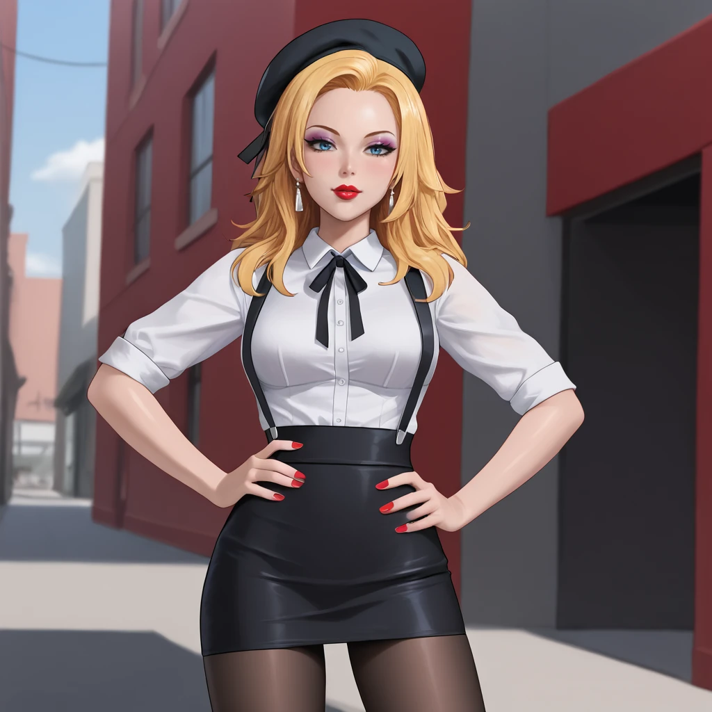 <lora:mariandoubledragonneon_pony_v1:.75> MarianDoubleDragonNeon, 1girl, solo, blonde hair, blue eyes, makeup,  lipstick, medium breasts, nail polish, long legs, lips,  red nails, eyeshadow, cowboy shot, <lora:0902 Home wear 5_v1_pony:1> ruanyi0902,beret,black ribbon,collared shirt,black pantyhose,high-waist skirt,white shirt,suspenders