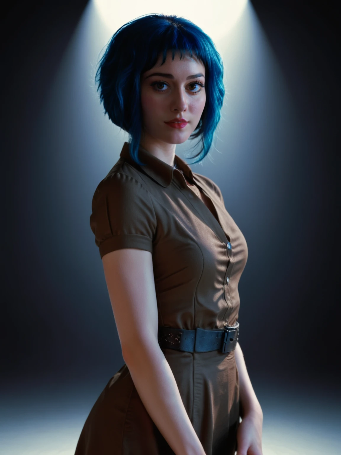 Realistic,cinematic,dramatic lighting 
<lora:melwinstead_v2_everclear:1> ramflaw woman, rmflwwmn hair, blue hair,brown dress