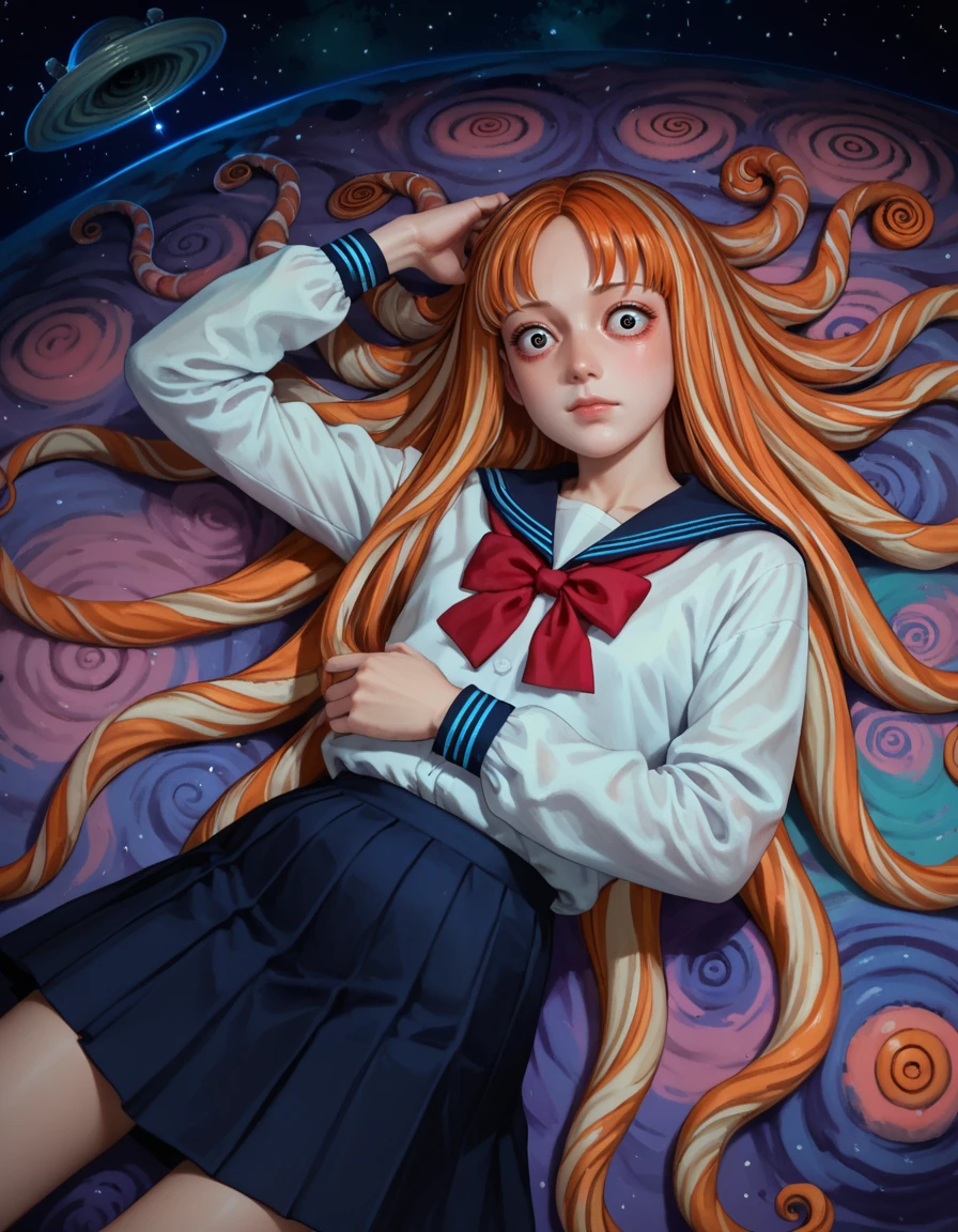 score_9, score_8_up, score_7_up, score_6_up,orange hair,very long hair,<lora:junjinitostyle01:0.7>,junjito,black eyes,junji ito,spiral hair,spiral,horror theme,disturbing,night,solo,school uniform,from above,full body view,laying,space background,shoes,socks,hand