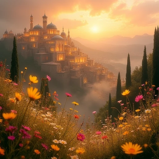 A breathtaking medieval fantasy city rises majestically in the background, its stone walls illuminated by the last rays of a golden sunset. The architecture is a delicate blend of Persian-inspired elegance, with graceful domes and arched windows that catch the fading light. The intricate details of the buildings shimmer with a mystical glow, while an ethereal mist wraps around the city, softening its sharp edges. Nestled in a valley of misty hills, the city is surrounded by vibrant wildflowers that sway gently in the warm breeze. The rich, colorful landscape blends with the deep hues of the setting sky, creating a surreal and romantic atmosphere. The air sparkles with particles of light, enhancing the magical ambiance. Everything feels harmonious, perfectly balanced between light and shadow, offering a vibrant yet serene spectacle. The city exudes an air of mystery, untouched by time, inviting awe and wonder.