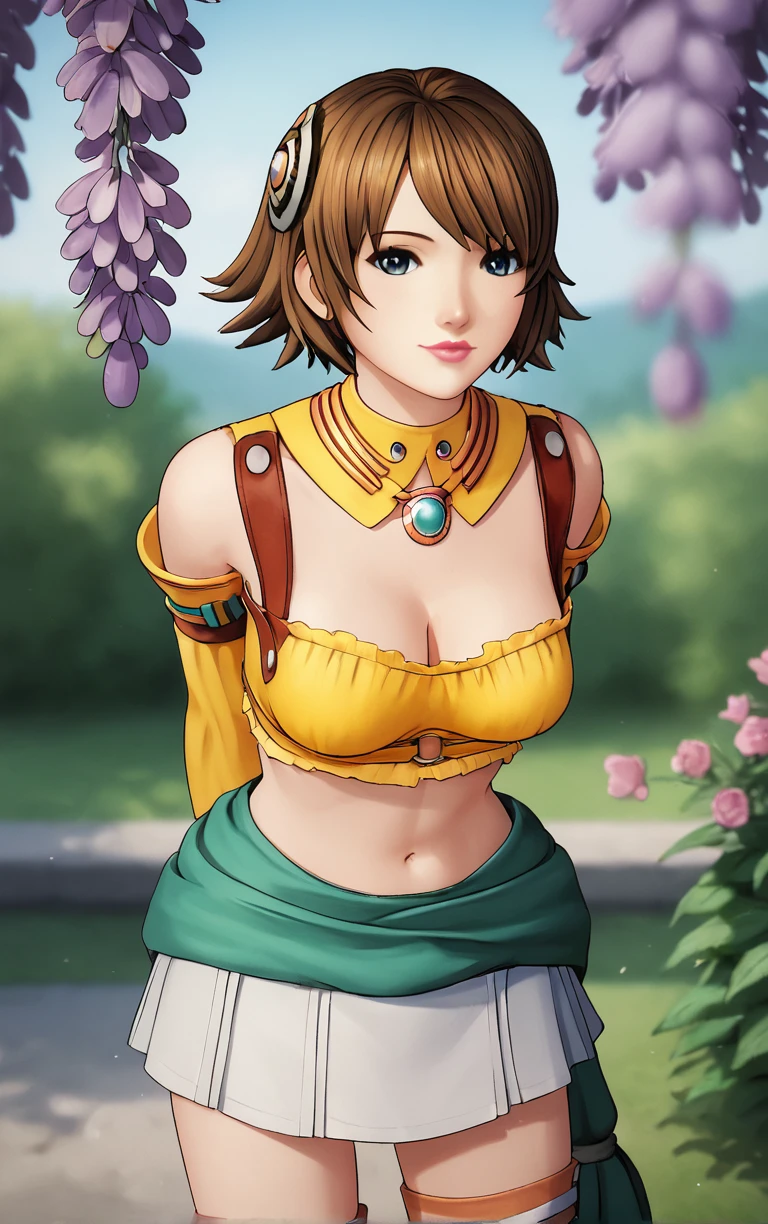 score_9, score_8_up, score_7_up, score_6_up, BREAK
MainOutfit_RogueGalaxy_ownwaifu, 
1girl, brown hair, grey eyes, hair ornament, short hair, lips, breasts, medium breasts, flipped hair, jewelry, lipstick, 
neck ring, suspenders, yellow shirt, midriff, clothes around waist, detached sleeves, navel, thighhighs, crop top, miniskirt, skirt, bare shoulders, long sleeves, white skirt, cleavage, armor, necklace, pleated skirt,
(leaning forward, arms behind back), cowboy shot, garden, wisteria, outdoors, <lora:PONYXL_Kisala_RogueGalaxy_ownwaifu:0.85> , depth of field