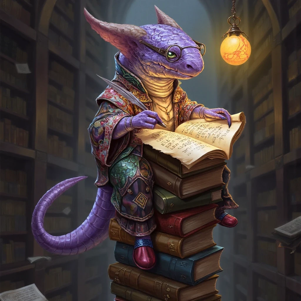 Imagine a kobold unlike any other, perched precariously atop a towering stack of books within a forgotten library. This is no warrior or rogue, but a scholar, its scaled skin a soothing lavender hue, illuminated by the soft glow of a magically suspended orb. It wears round, wire-rimmed spectacles perched upon its snout, its one visible eye, a deep emerald green, narrowed in concentration as it carefully transcribes ancient runes onto a scroll with a quill dipped in shimmering ink.

This kobold is a testament to the pursuit of knowledge. Its robes are a patchwork of rich velvets and embroidered silks, each piece salvaged from discarded finery and imbued with an air of faded grandeur. A pair of mismatched slippers - one crimson, one sapphire - dangle precariously from its feet, kicking back and forth absentmindedly as it deciphers the mysteries before it. The only hint of its draconic heritage is a long, sinuous tail, tipped with iridescent scales, that curls around the base of the book tower like a living, breathing bookmark.

The overall mood is one of quiet serenity and intellectual curiosity, a testament to the boundless potential that exists even within the most unexpected of creatures.