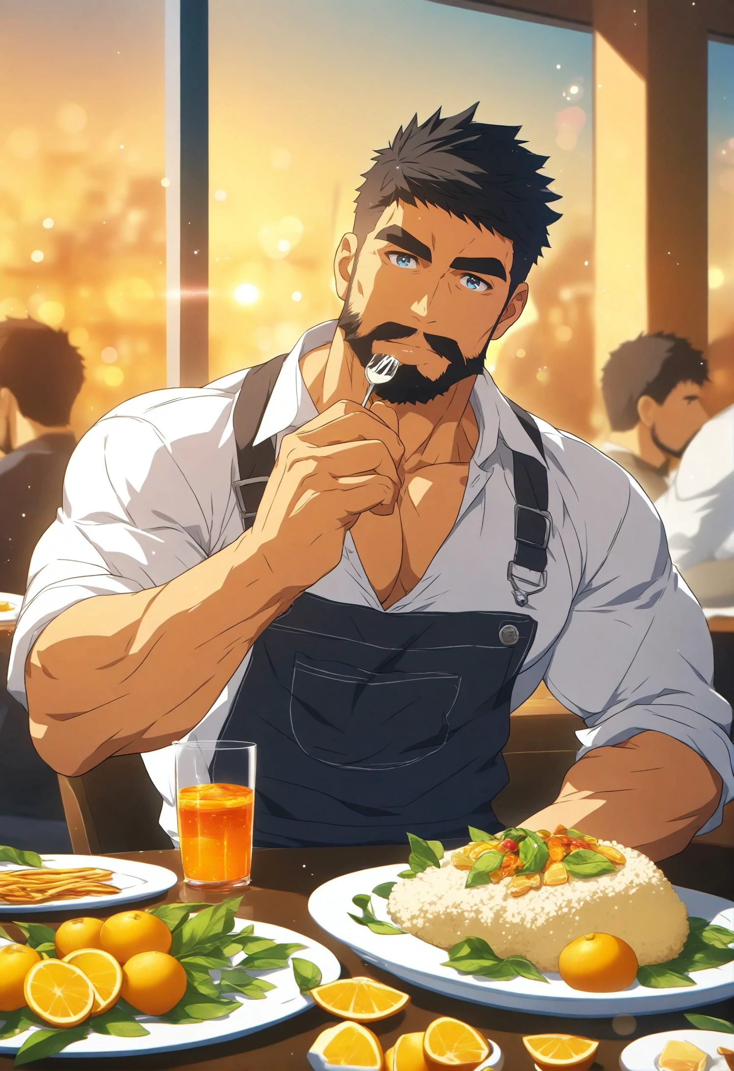 male focus, 1boy, multiple boys, 
facial hair, food, muscular male, partially unbuttoned, muscular, pectorals, short hair, bara, cup, mature male, pectoral cleavage, shirt, looking at viewer, thick eyebrows, black hair, rice, beard, upper body, solo focus, lemon, mustache, sleeves rolled up, large pectorals, collared shirt, drinking glass, eating, sunset, chromatic aberration, light particles, lens flare, bokeh, depth of field, fruit, blurry, blurry background,
An illustration of a man sitting at a table with a plate of food in front of him. he is wearing a white shirt and has a serious expression on his face. on the right side of the image, there is a glass of orange juice and a plate with sliced lemons on it. the background shows a window with a view of trees outside. behind him, there are other people sitting around the table, some of whom are also looking at the man. the man appears to be deep in thought, with his eyes closed and his mouth slightly open. the overall color scheme of the illustration is warm and inviting.
masterpiece, best quality
 <lora:Niji6BaraStyle_illustriousXL-000050:1>