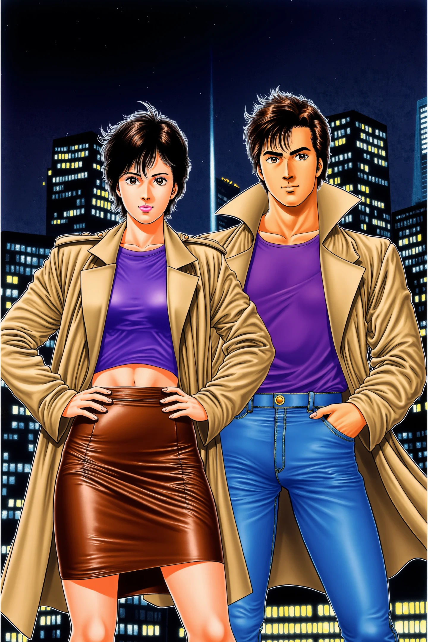 1980s anime-style illustration featuring two characters standing against a city skyline backdrop with tall,illuminated skyscrapers. The characters are a man and a woman. The man stands to the right,wearing a beige trench coat over a purple shirt and blue jeans. He has short,tousled brown hair and a determined expression. The woman stands to his left,wearing an oversized beige trenchcoat over a form-fitting,shiny brown leather skirt and a purple blouse. Her short,dark hair is styled in a messy,yet purposeful manner. She has a confident,assertive posture with her hands on her hips. Both characters have a realistic,detailed art style with smooth shading and vibrant colors. The background features a night cityscape with a mix of yellow and white lights,creating a dynamic and futuristic atmosphere. The illustration captures a sense of adventure and resilience,with the characters' attire and expressions suggesting they are ready for any challenge. The overall mood is intense and action-packed,typical of 1987 anime art.,
<lora:Tsukasa Hojo_FLUX:1>,