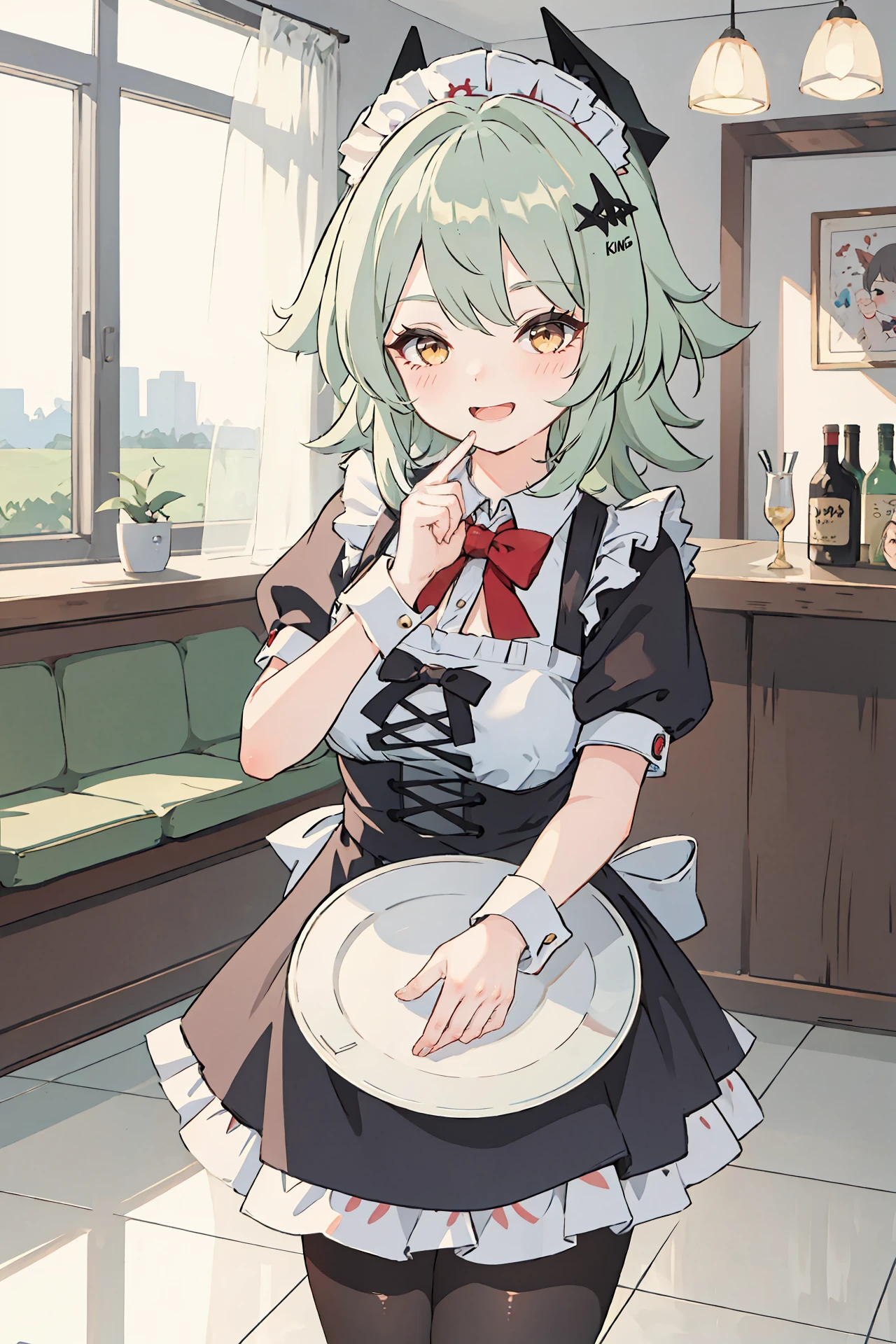 1girl, caesar king \(zenless zone zero\), x hair ornament, hairclip, solo, maid, maid headdress, maid apron, smile, embarrassed, pantyhose, open mouth, blush, smile, holding plate, looking at viewer, cowboy shot, bar \(place\), indoors, depth of field, tail