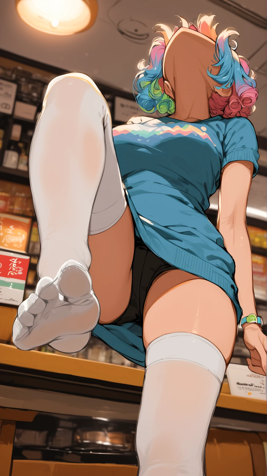 zPDXL3, score_9, score_8, score_7_up, full body, perfect feet, 

 
(moans, moaning, orgasm, orgasmic, horny, tired):32 , 

 colorful hair ,

 curly hairstyle ,

1girl, adult girl, slim, slender,  


short dress, colorful clothes ,

 sweet sweatshirt ,

 small tits, milf 
,

 white stockings ,




 
one leg up, showing feet, perfect feet, perfect sole, footstomp, foot focus, soles, foreshortening, view from below ,

 warm restaurant, cozy restaurant , (cozy lighting, warm lighting):7, 