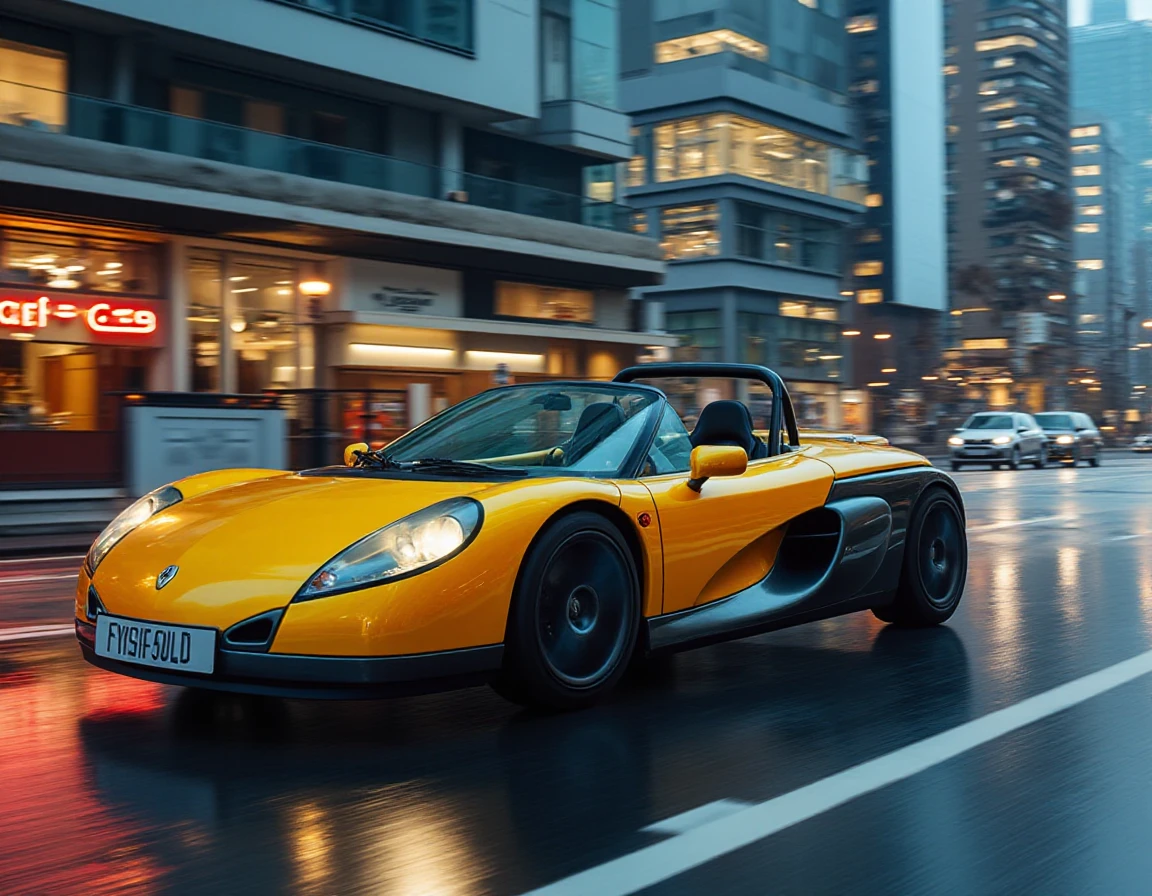 A bright yellow Renault Spider zips through the empty early-morning streets of a modern city, caught in motion from a side perspective. The backdrop features towering glass buildings reflecting the pale dawn sky, their sleek, angular designs echoing the carâs own futuristic, aerodynamic shape. The reflections of neon signs from a nearby cafÃ© flicker on the wet asphalt, creating a beautiful contrast with the Spiderâs matte-black rims. The road is slightly damp from an earlier rain shower, with tiny droplets beading on the carâs open cockpit. City lights start to dim as the sun begins to rise, casting a soft glow over the scene. The sound of the Spiderâs engine seems to hum in the quiet city. The camera captures the car in motion at a dynamic angle, with the front headlights cutting through the mist, adding a sense of speed and energy. 
It writes "16 UFU 80" on the license plate.
  <lora:uai_RenaultSpider_v104:1>