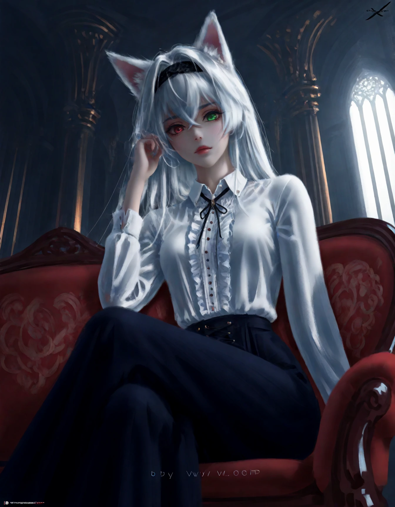 1girl, solo, sitting, on couch, from below, green eyes, red eyes, heterochromia, fox ears, black headband, hair intakes, white hair, long hair, center frills, collared shirt, white shirt, crossed bangs, indoors <lora:wlop:0.8>, best quality, masterpiece, wlop