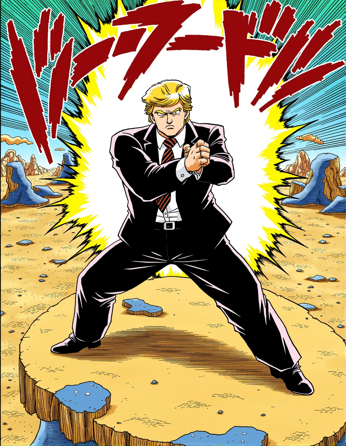 Donald Trump, fighting stance, serious look on his face, on a desert planet, in the manga style of ToriYa-Free-Flux, colored, <lora:ToriYa-Free-Flux:1>