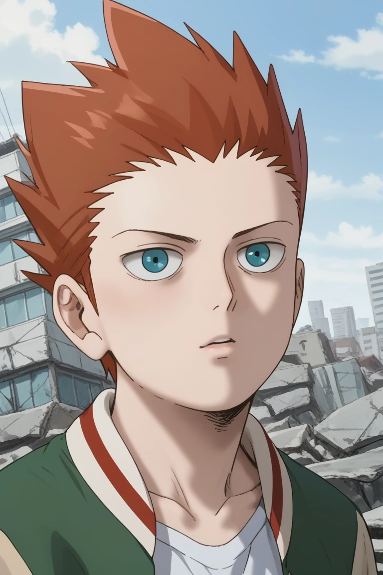 score_9,score_8_up, score_7_up, score_6_up,
suzuki sho, orange hair, blue eyes, 1boy, male focus, spiked hair, solo, outdoors, sky, day, building, jacket, ruins, cloud, upper body, parted lips, shirt, green jacket, collarbone, short hair, from side