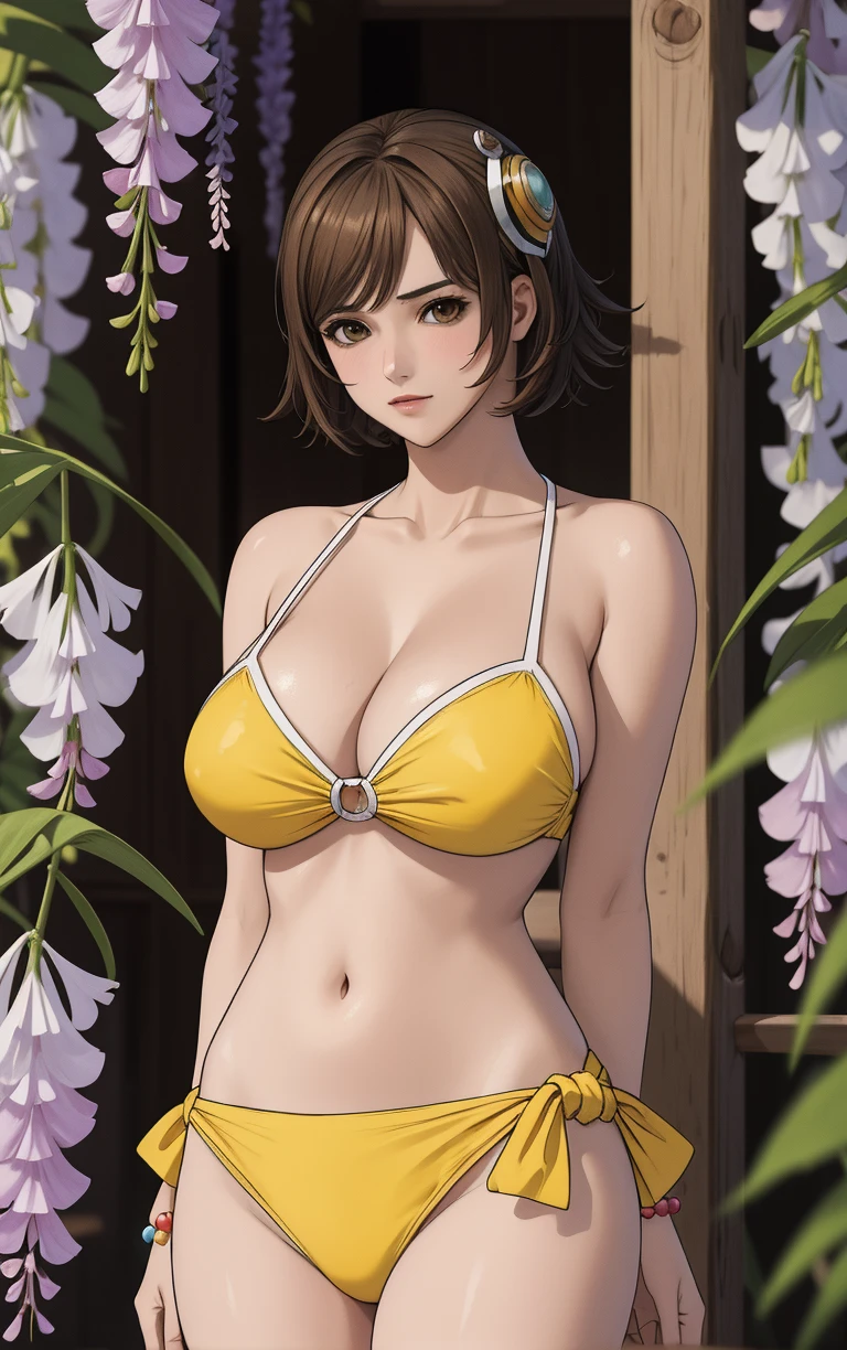 (masterpiece, best quality:1.4), insaneres, absurdres, looking at viewer, BREAK 
Bikini_RogueGalaxy_ownwaifu, 
1girl, brown hair, jewelry, short hair, medium breasts, collarbone, hair ornament, brown eyes, flipped hair, hairband, large breasts
bracelet, cleavage, navel, swimsuit, yellow bikini, 
(leaning forward, arms behind back), cowboy shot, garden, wisteria, outdoors, <lora:GAME_Kisala_RogueGalaxy_ownwaifu:0.85> , depth of field, solo,