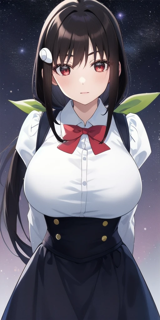 <lora:mayoi_hachikujiV4:0.7> mayoi_hachikuji_low_ponytail, huge_breasts, standing, solo, arms_behind_back, starry_sky,  white_shirt_blue_suspender_skirt_juliet_sleeves_frills_red_bowtie, green_hair_ribbon, hairclip, masterpiece, best_quality, detailed_face, detailed_eyes, highres, beautiful, detailed, absurdres,