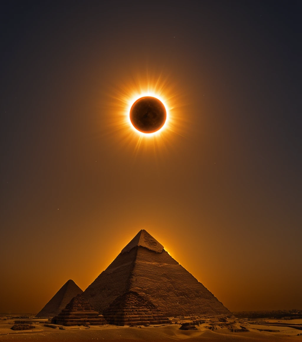 <lora:3cl1p53_01XL-000008:1.1>,(3cl1p53 style),a RAW photograph of (3cl1p53 eclipse:0.9) (rising high in the sky above),a (Giza Pyramids in Egypt) at night,surrounded by bright solar corona,HDR,(wide angle shot),sharp focus,(highly detailed),(8k wallpaper),intricately detailed,highres,absurdres,hyper realistic,8K UHD DSLR,IMAX,extremely intricate,4k textures,cinematic look),hyperdetailed