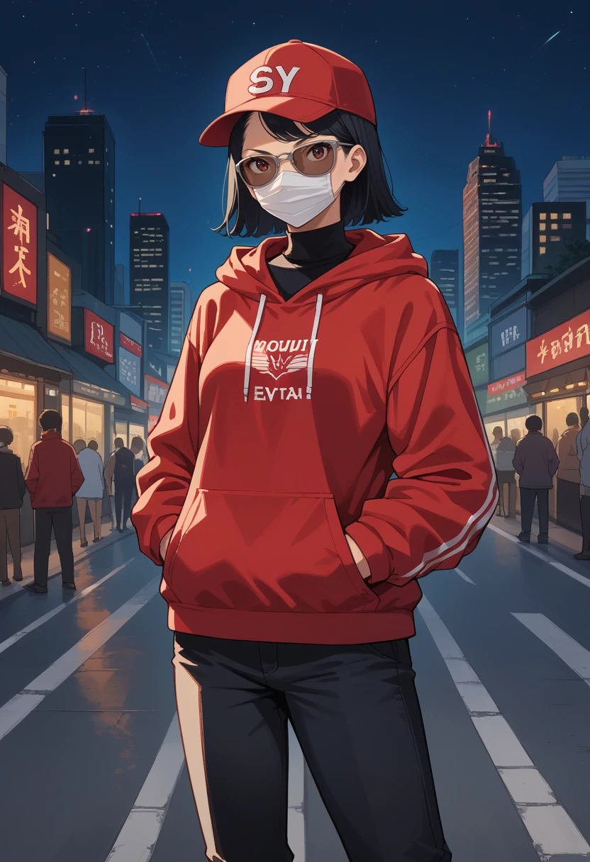 score_9, score_8_up, score_7_up, source_anime BREAK 1girl, looking at viewer, city, night
<lora:zs_KatayamaXL:1> katayamap5x, black hair, short hair, brown eyes, red baseball cap, (sunglasses), white face mask, red hoodie, black turtleneck, black pants, hands in pockets