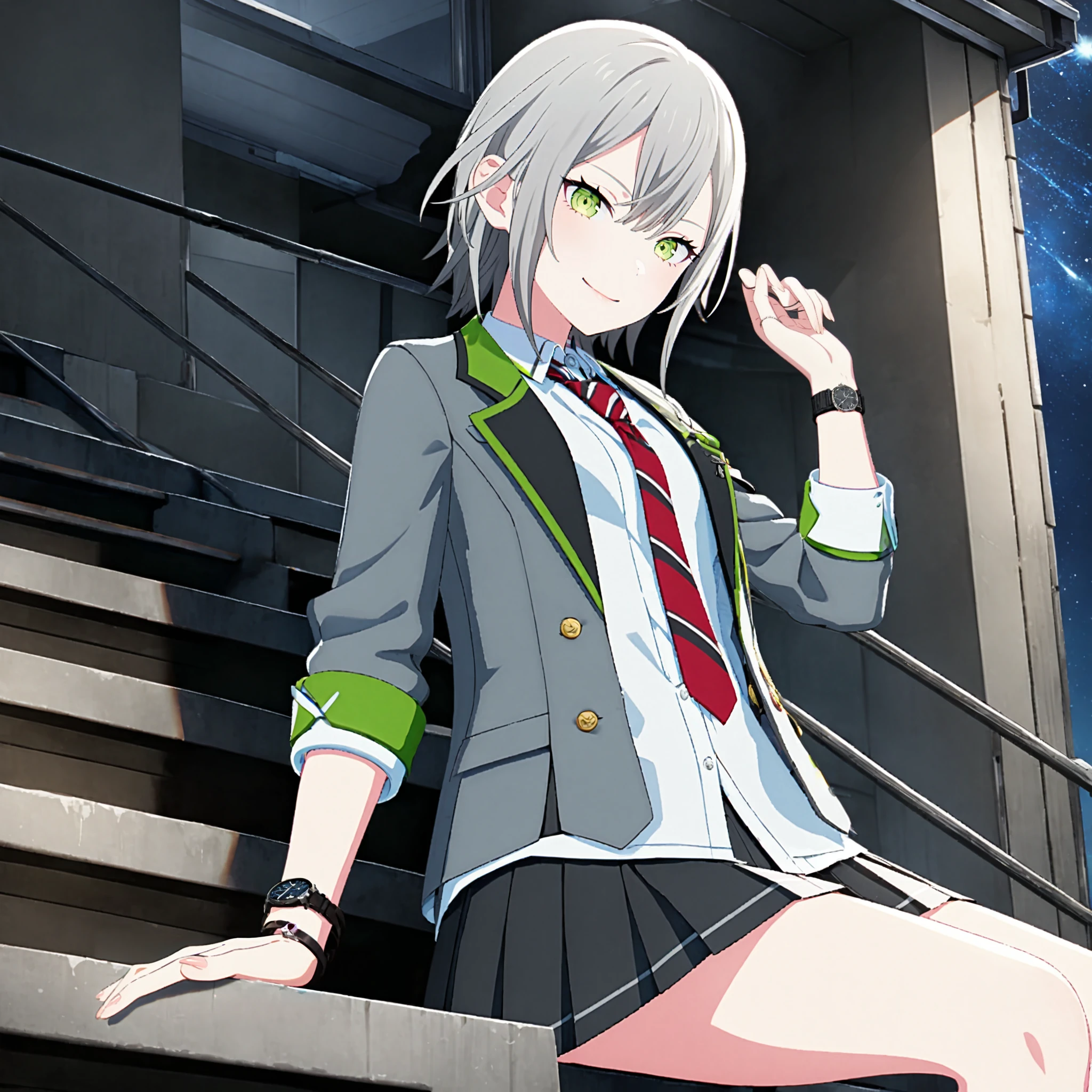 1girl, hinomori shiho, project sekai, masterpiece, very aesthetic, absurdres, official art,
brandnew shiho, solo, silver short hair, wolf hair, green eyes, 
(looking at viewer:1.4),  smiling, sitting on stair, from below,  BREAK
grey jacket, red necktie, black skirt, white shirt, pleated skirt, open jacket, open clothes, striped necktie, collared shirt, bracelet, blazer, long sleeves, striped, school uniform, wristband, black jacket, diagonal-striped necktie, watch, wristwatch, untucked shirt, green belt, 
beautiful starry sky, (top of the school building:1.4), wire mesh fence,
<lora:sdxl-leo-BNShiho03:0.9:lbw=0,0,0.2,0.2,0,0.4,0.4,0,0.8,0.8,0,0,0,0.8,0.8,0.6,0.8,0.0,0.0,0.0,0,0,0,0,0,0>