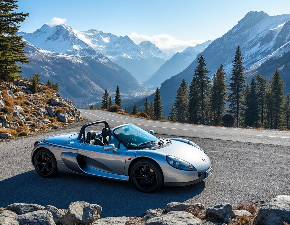 The Renault Spider rests at the edge of a winding mountain road, surrounded by towering alpine peaks. The car, a striking silver, is positioned with its front facing downhill, as if ready to accelerate into the next series of hairpin turns. Snow-capped mountains loom in the distance under a clear, crisp blue sky. The air feels cold and fresh, with a few clouds hanging low around the peaks. The scene is captured in the early morning, with the first rays of sunlight illuminating the sharp contours of the carâs body, reflecting off its metallic surface. The rocky terrain and tall pine trees contrast with the smooth, polished lines of the Spider, emphasizing its precision and power in a rugged environment. From a drone-like high-angle perspective, the road snakes away into the distance, giving a sense of adventure and freedom.
It writes "16 UFU 80" on the license plate.
  <lora:uai_RenaultSpider_v104:1>