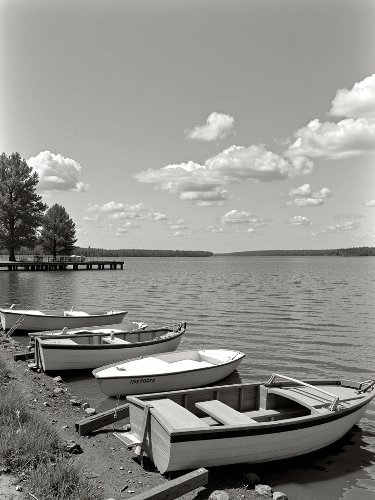 in the style of depression era, photograph of a scenic lakeside with boats docked, ready for an afternoon of leisure. Photo circa spring 1933, Minnesota museum of journalism archival photography