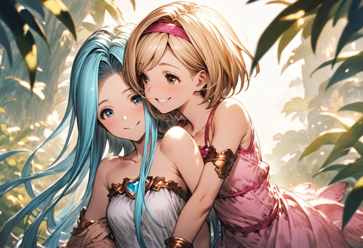 best quality, very aesthetic, absurdres,
2girls, yuri, lyria \(granblue fantasy\), djeeta \(granblue fantasy\), smile, bare shoulders, strapless, hug from behind,