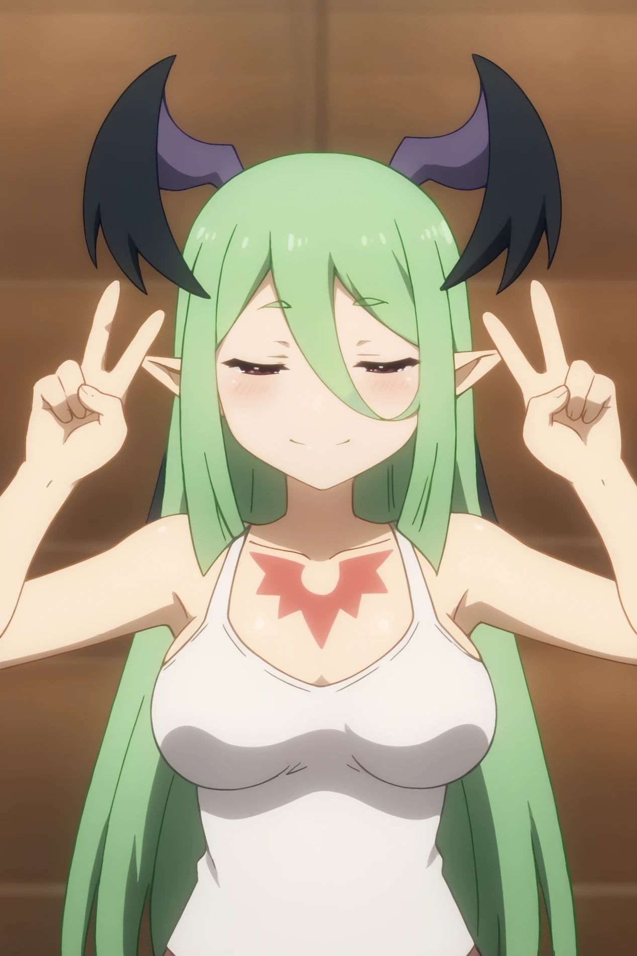 ouinMakio, 1girl, solo, red eyes, smile, ribbon, hands on hips, red ribbon,blush, hair ribbon, long hair, blonde hair, two side up, v-shaped eyebrows, closed mouth, hair between eyes, bangs, antenna hair, hair intakes, masterpiece, expensive quality, very_expensive_solve, big_file size, full color,(completely nude:1.2),pussy,niplles,