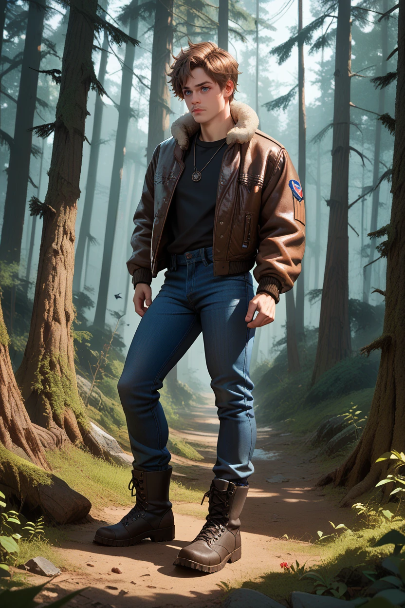 score_9, score_8_up, score_7_up, score_6_up
<lora:STBilly:0.8>
STBilly, solo, 1boy, brown hair, blue eyes, Bomber jacket, black slim-fit jeans, combat boots, Misty forest with towering trees, eerie and mysterious