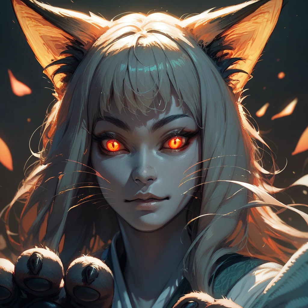 score_9, score_8_up, score_7_up, portrait, beautiful, <lora:KashaChacha:1> BREAK, 1girl Kasha. Kashanioh. fox girl. fox ears. grey skin. fox hands. fox legs. red eyes. glowing eyes. glowing ears.