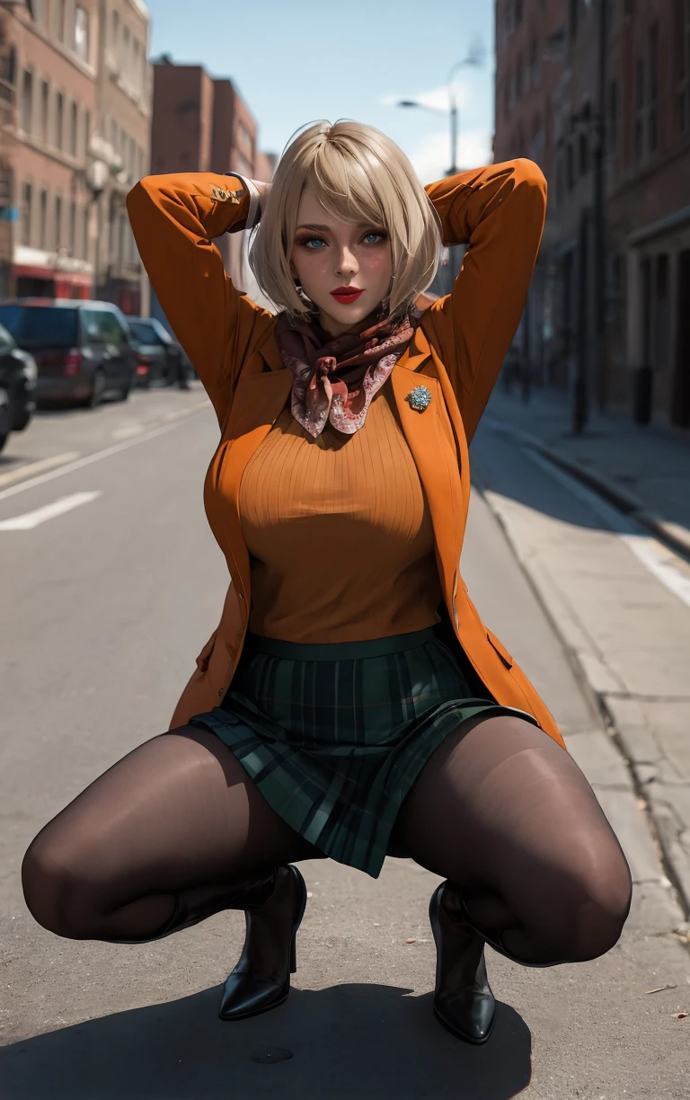 (masterpiece, best quality:1.4), insaneres, absurdres, solo, looking at viewer,BREAK 
MainOutfit_Ashley_ownwaifu,  
1girl, blue eyes, short hair, blonde hair, lips, freckles, jewelry, bob cut, necklace, nose, bangs, large breasts, red lips, eyelashes, lipstick, makeup, 
red scarf, brown coat, orange sweater, ribbed sweater, black pantyhose, plaid skirt, green skirt, miniskirt, pleated skirt, turtleneck, blazer, long sleeves, orange jacket, open coat,
(squatting, tiptoes, spread legs, arms behind head), full body, street, outdoors, <lora:GAME_ResidentEvil4Remake_Ashley_ownwaifu:0.75> , depth of field