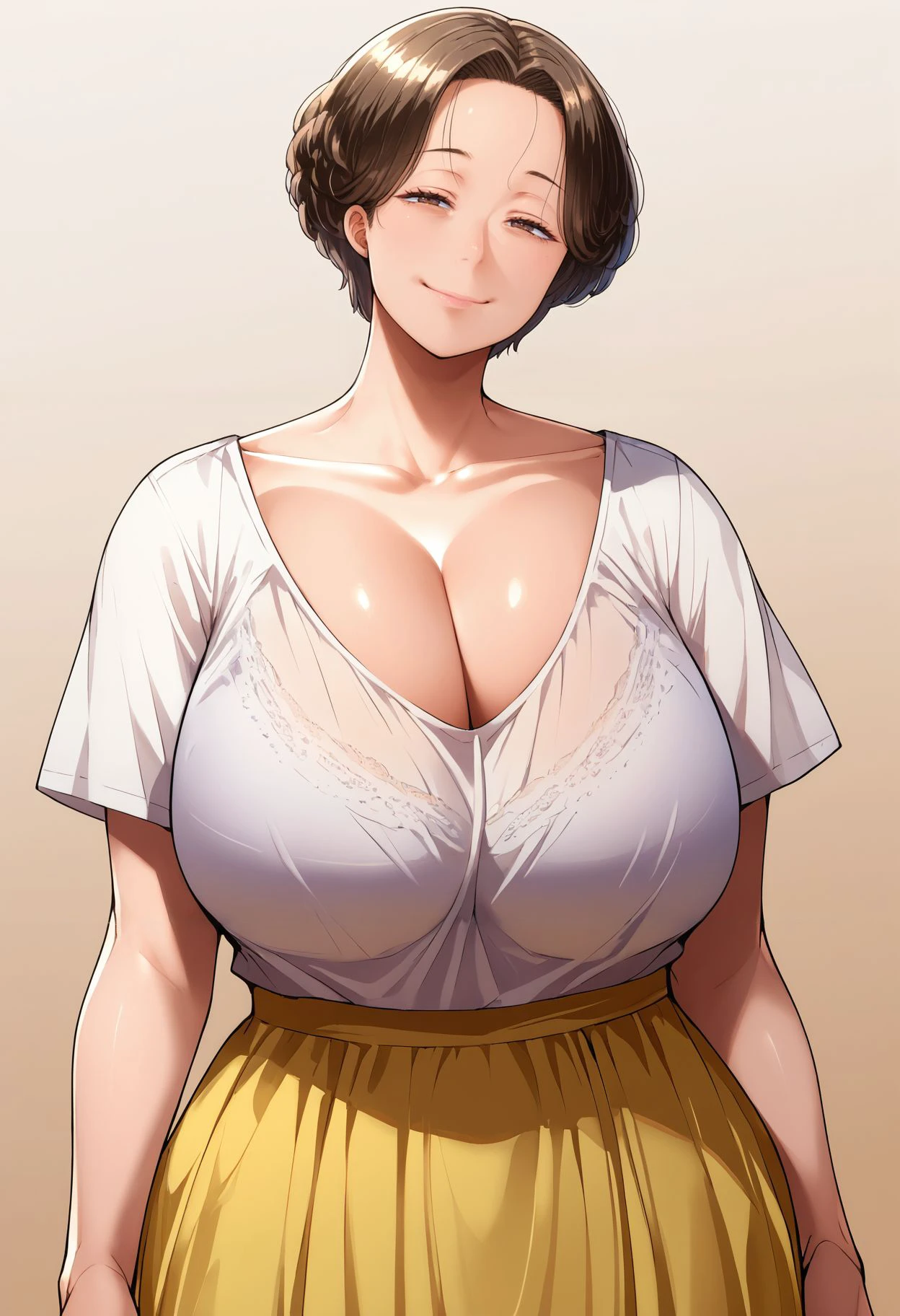 masterpiece, highest quality, High resolution, One girl, solo, sexual intercourse, Pornographic images, short hair, etsukoto, brown Eyes, fine grain, fine grain, (((Thick thighs, Plump thighs, Voluptuous thighs, Thighs alone are enough))), Huge and ample breasts, Cleavage, big long breasts, Naughty big,((big breasts are important))、((Naughty thighs)), L Cup, (thin:1.4),(Tight waist:1.4),  (yellow dress:1.4), ((white waist apron)), white panties,  (((Simple Background))), ((Wide Hips)), Shiny, Oily skin, Mature mother, Calf, Seductive mature woman, milf, Perfect body, Plus Size Model, curvy, ample, etsukoto, blush, clavicle, retro artstyle, 1990s (style), (thick thighs:1.4), Bare legs, ((bursting breast)), firm breasts, kneeling, open legs, ((nsfw)), 