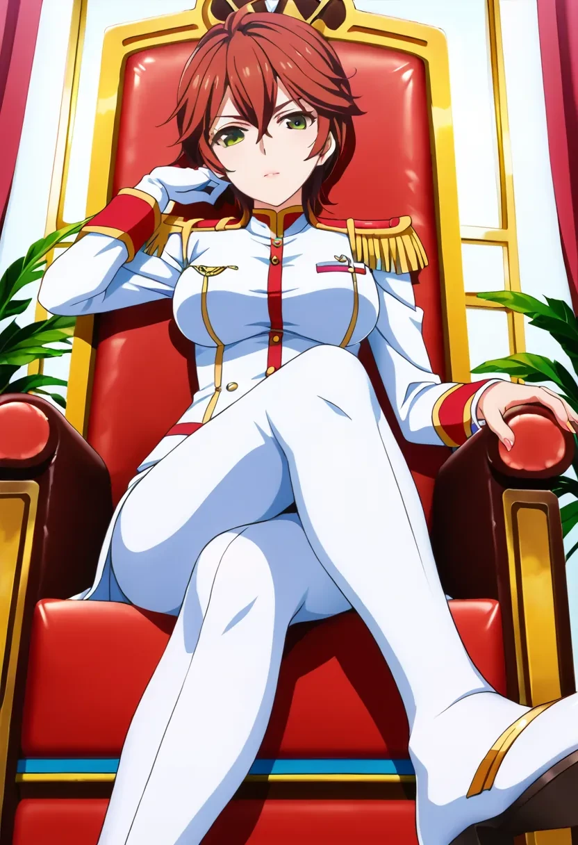 score_9, score_8_up, score_7_up, score_6_up,
masterpiece, source_anime,

solo, 1girl,

Hiragi Akira, red hair, short hair, brown hair, green eyes, hair between eyes, uniform, epaulettes, white uniform, military uniform, aiguillette,

sitting on throne, crossed legs, from below,